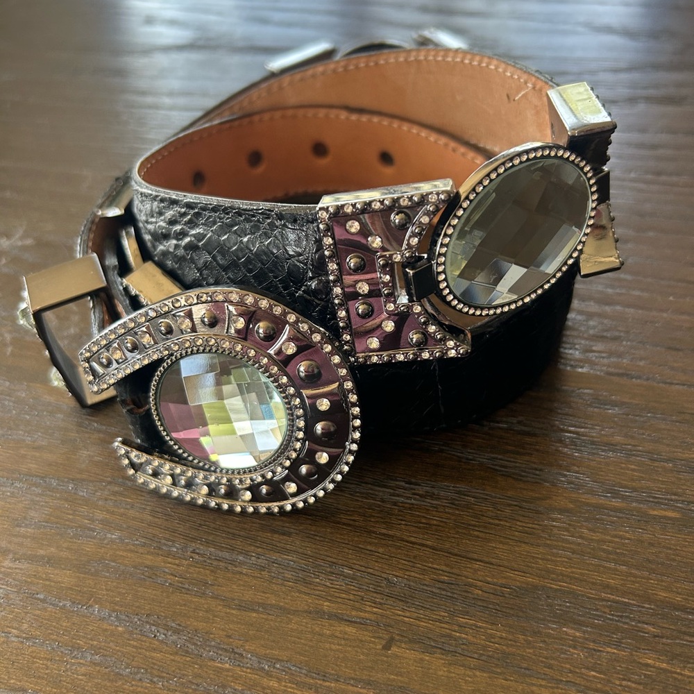 Elegant Black and Brown Belt with Gemstone‎ Accents